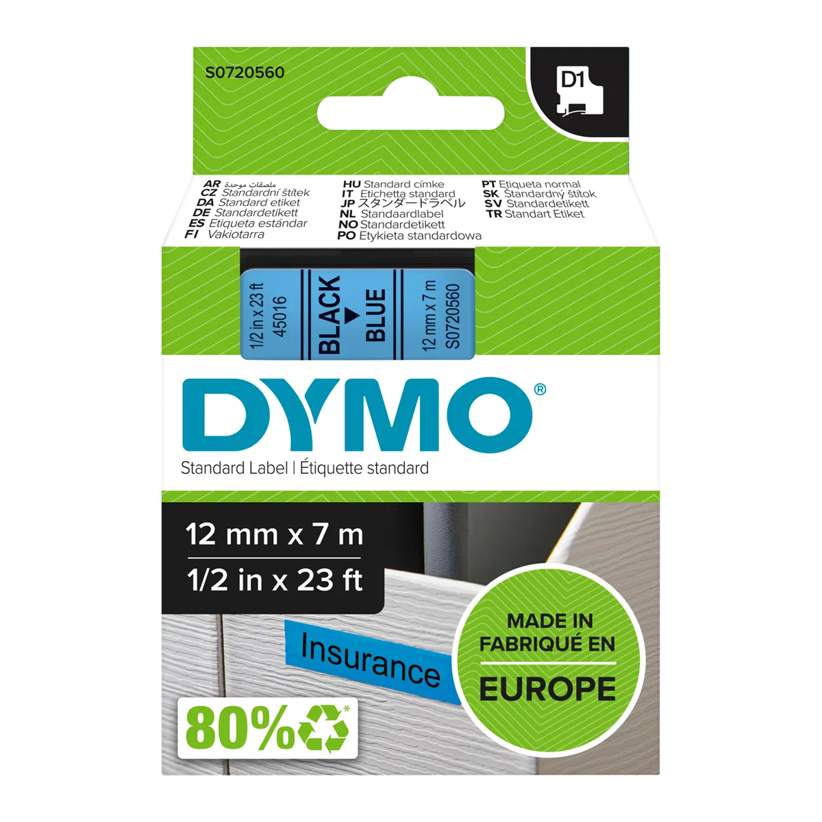 Dymo D1 cassette, 12mmx7m, black/blue