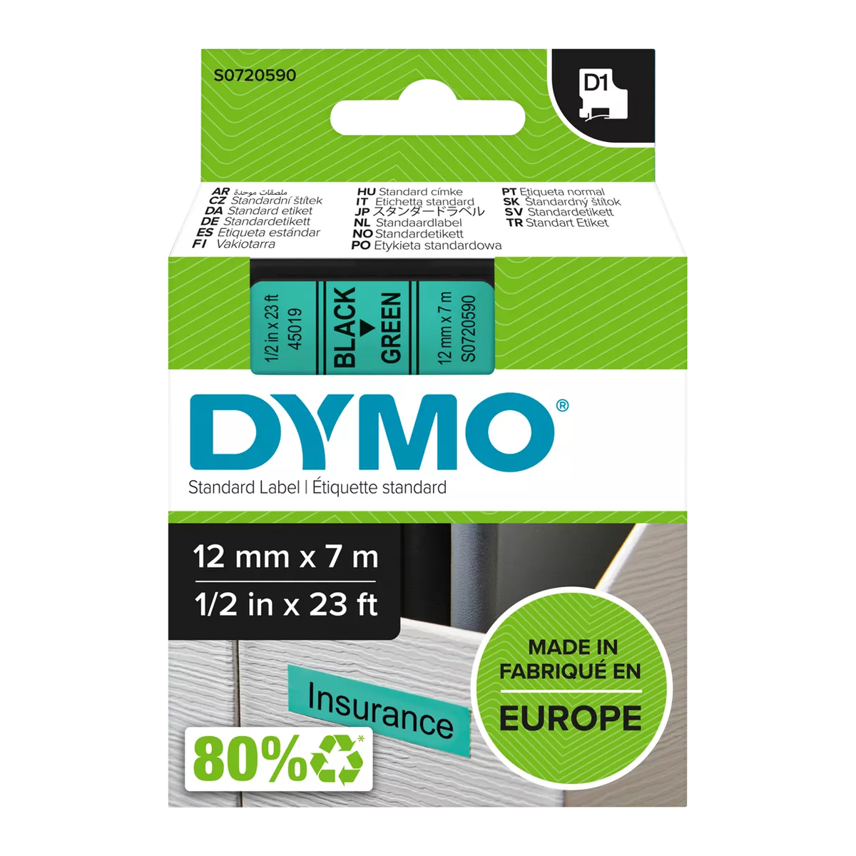 Dymo D1 cassette, 12mmx7m, black/green