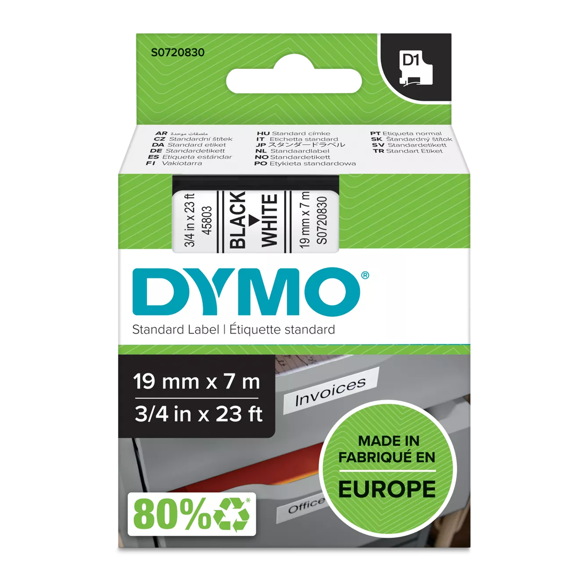 Dymo D1 cassette, 19mmx7m, black/white
