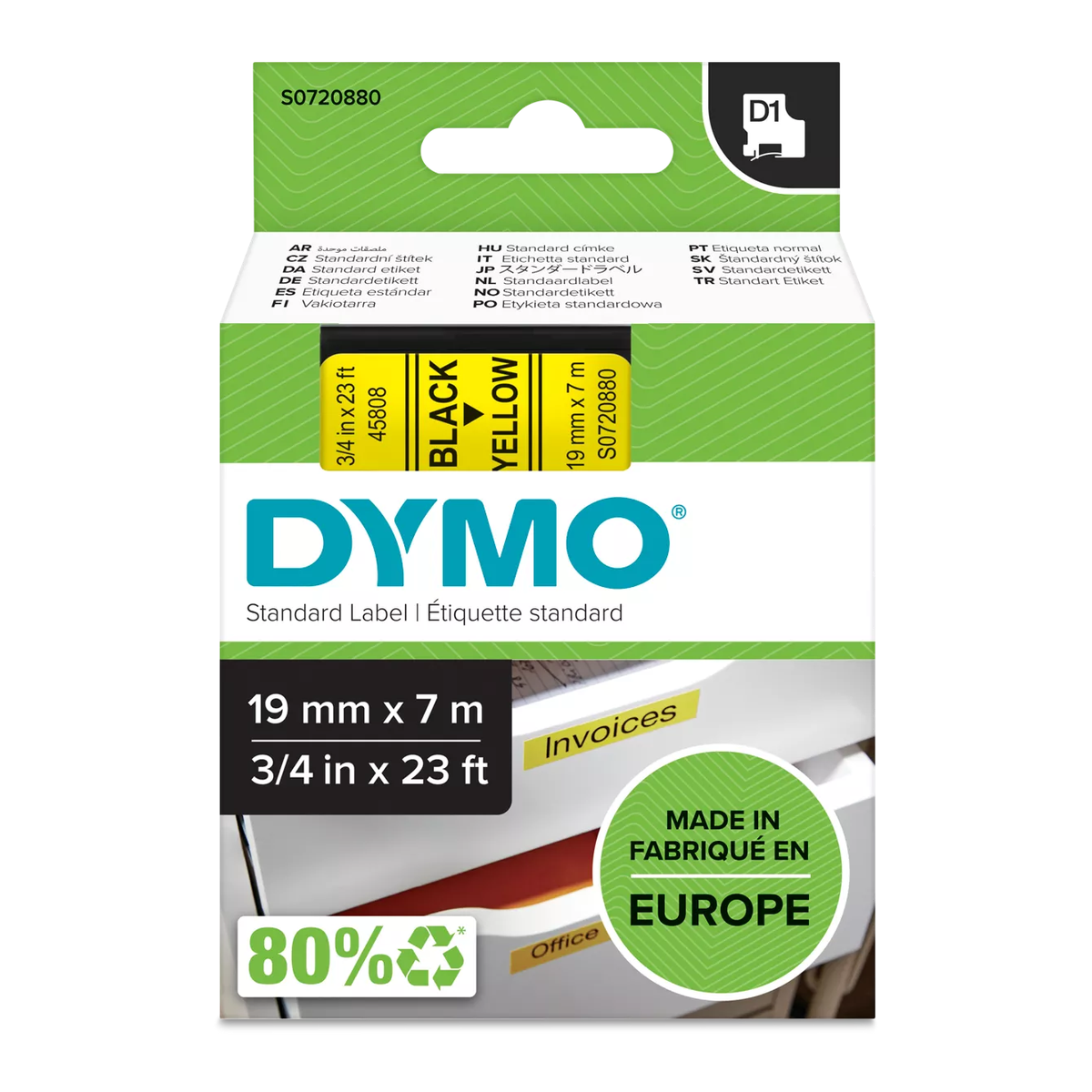 Dymo D1 cassette, 19mmx7m, black/yellow