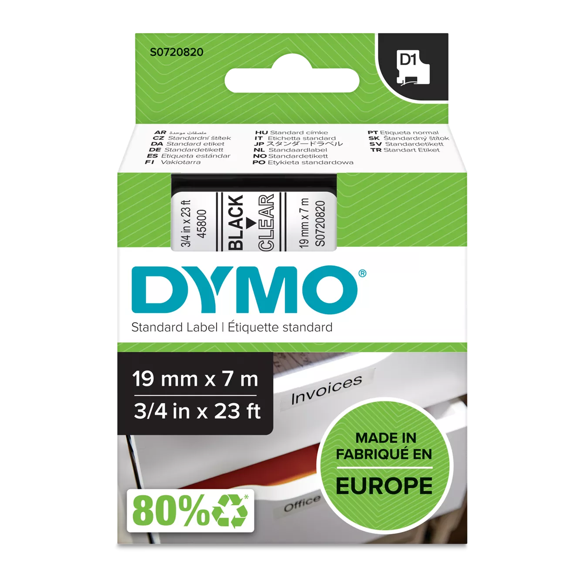 Dymo D1 cassette, 19mmx7m, black/clear