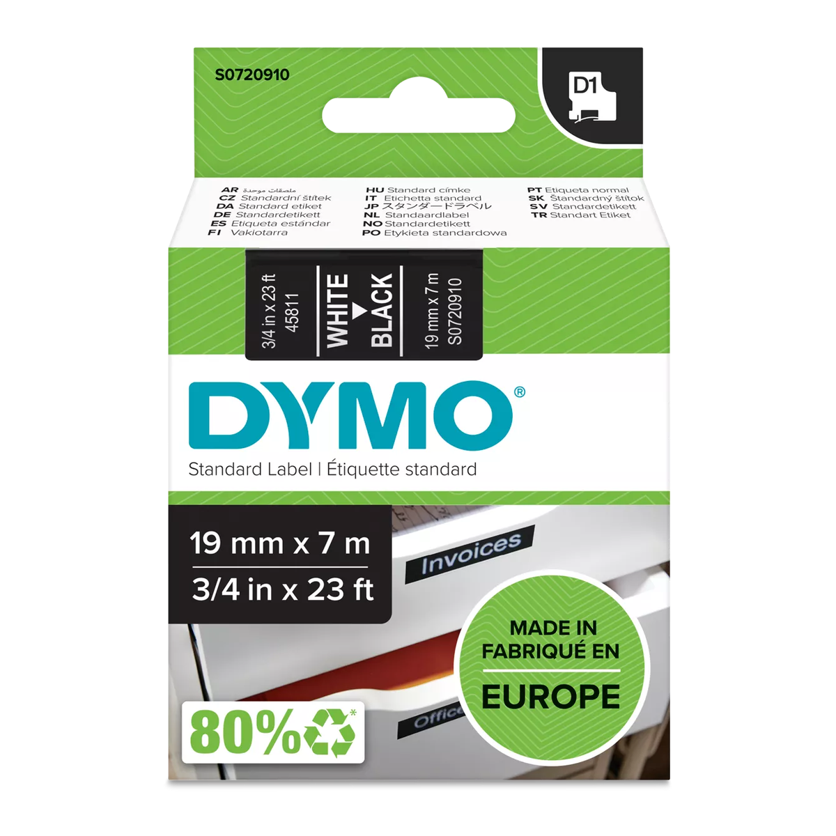 Dymo D1 cassette, 19mmx7m, white/black