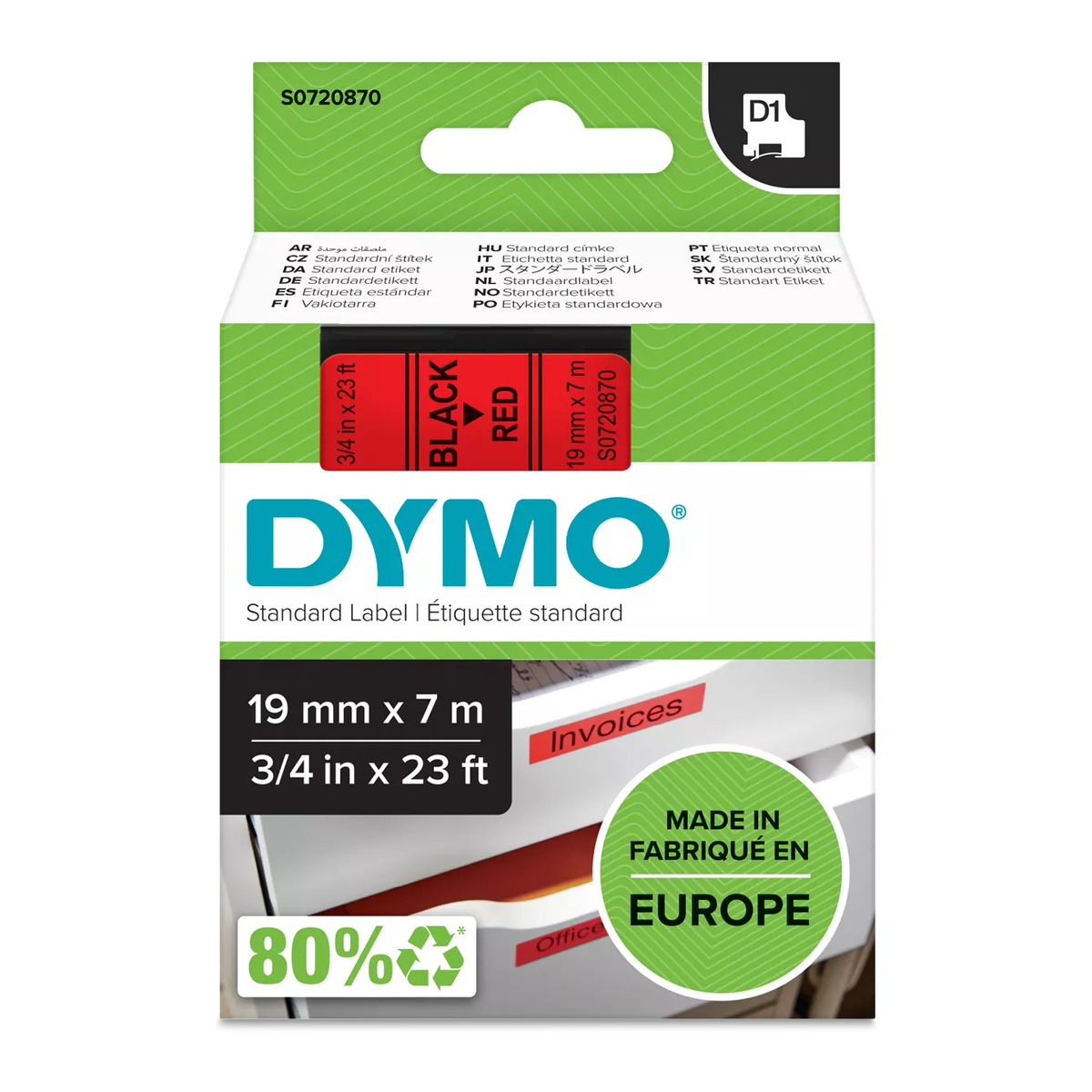 Dymo D1 cassette, 19mmx7m, black/red