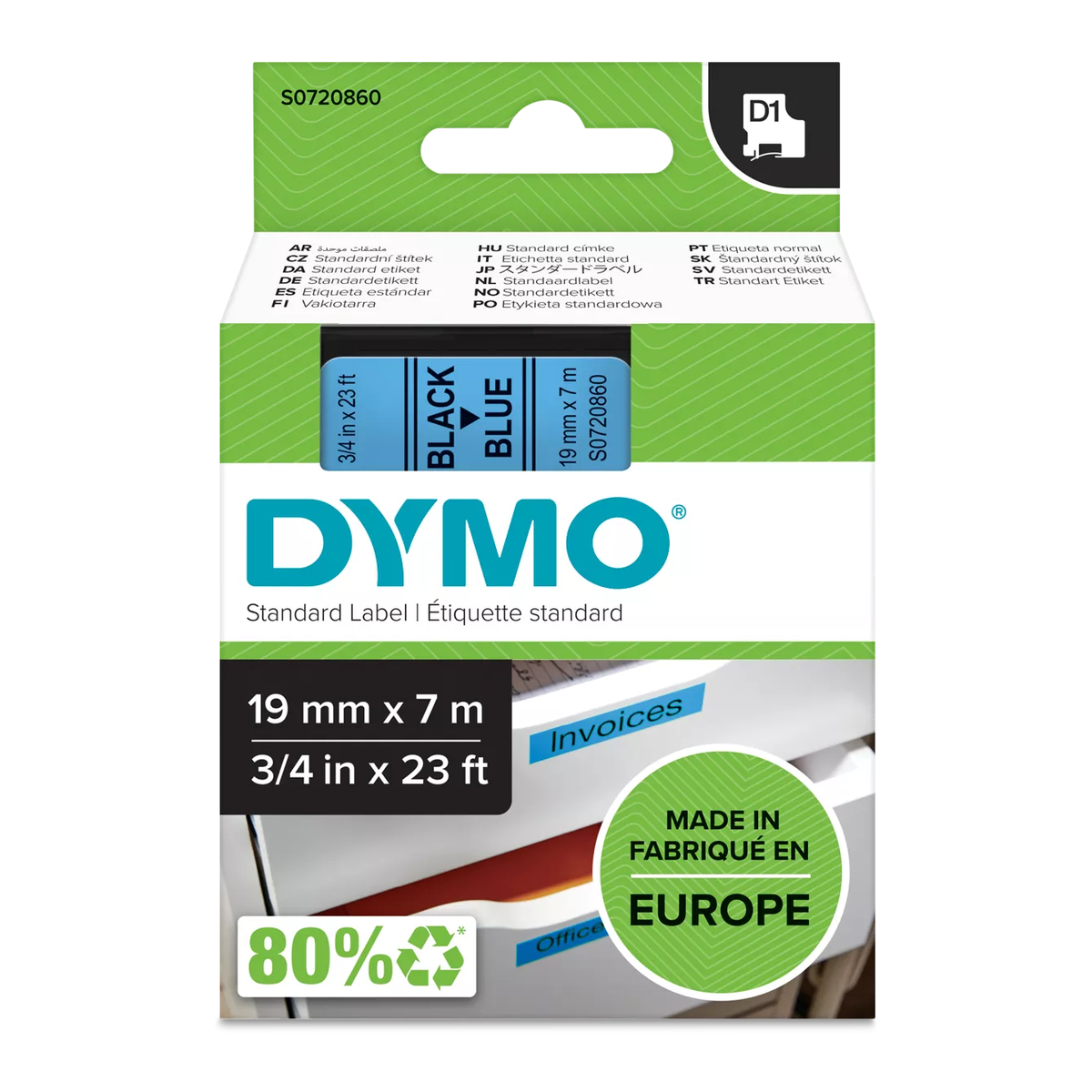 Dymo D1 cassette, 19mmx7m, black/blue