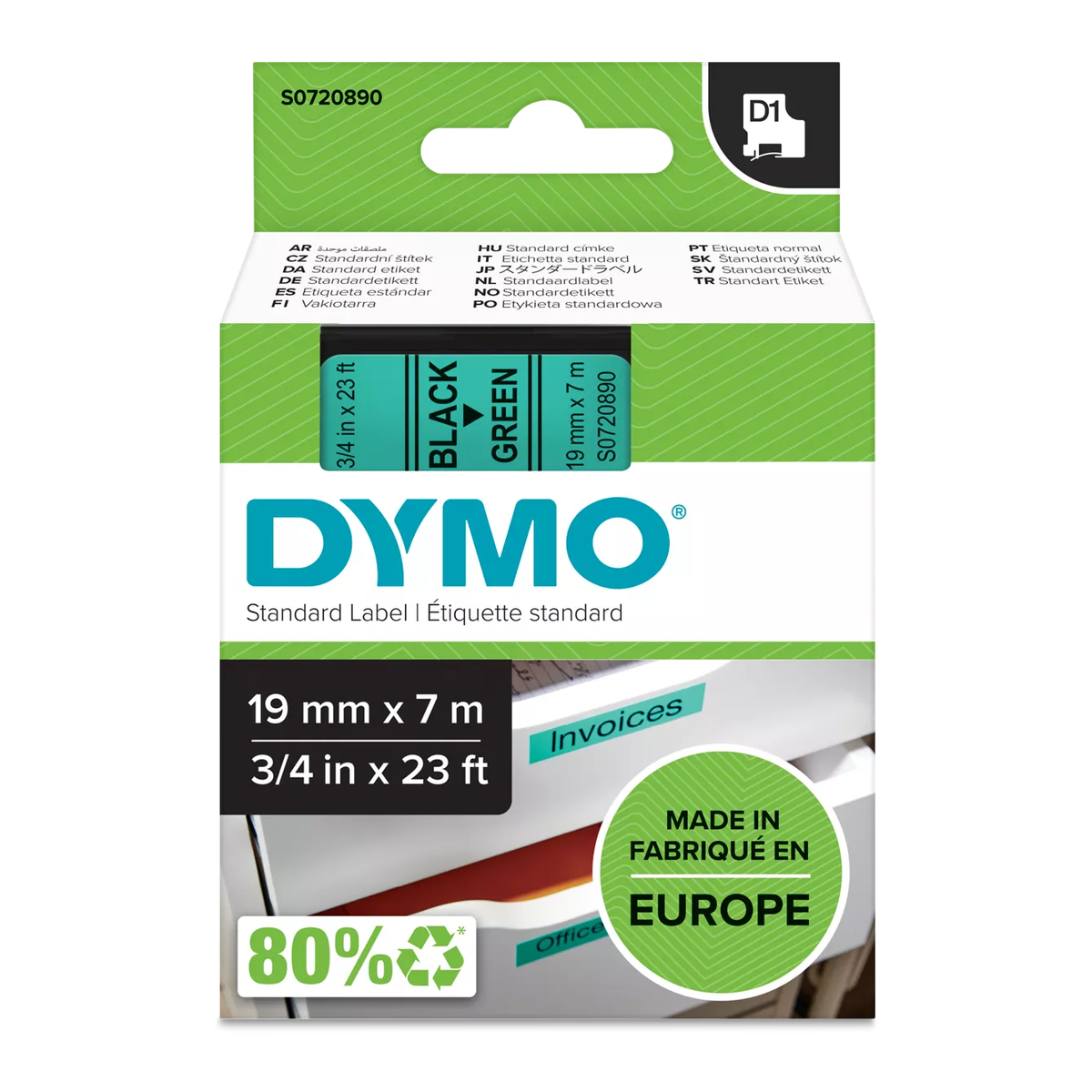 Dymo D1 cassette, 19mmx7m, black/green