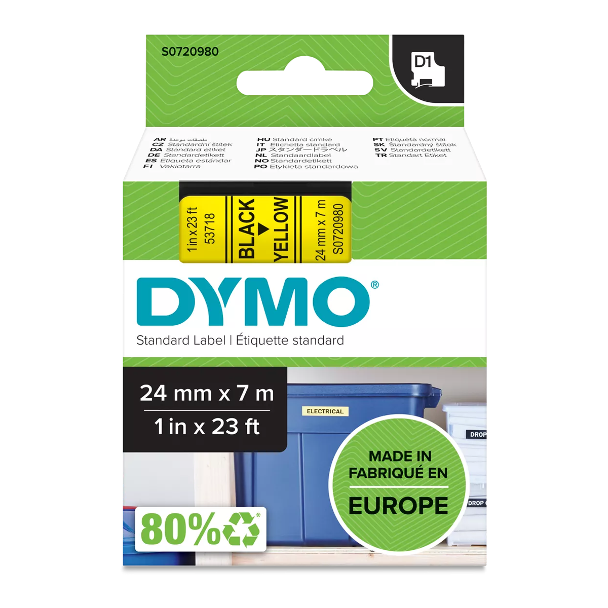 Dymo D1 cassette, 24mmx7m, black/yellow