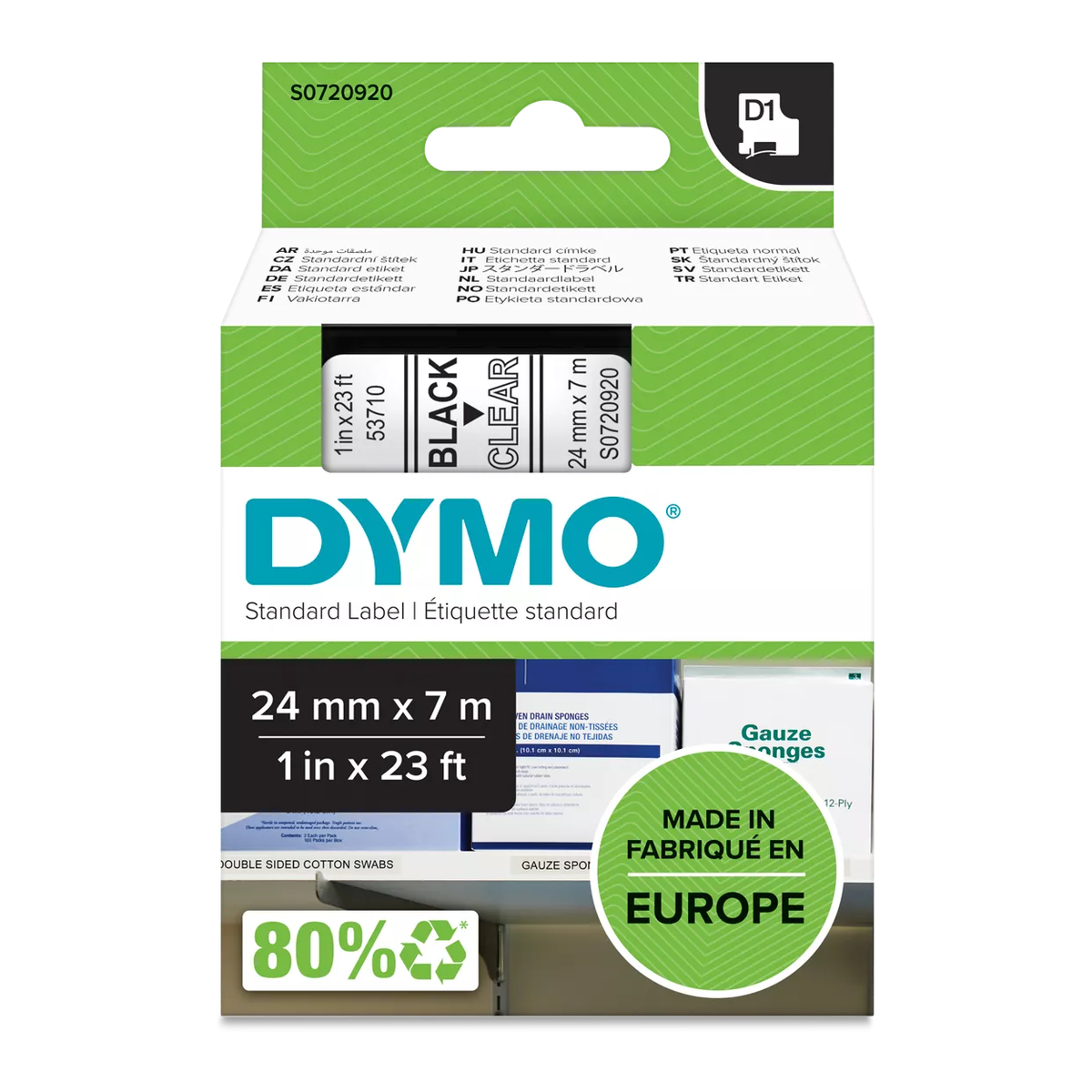 Dymo D1 cassette, 24mmx7m, black/clear