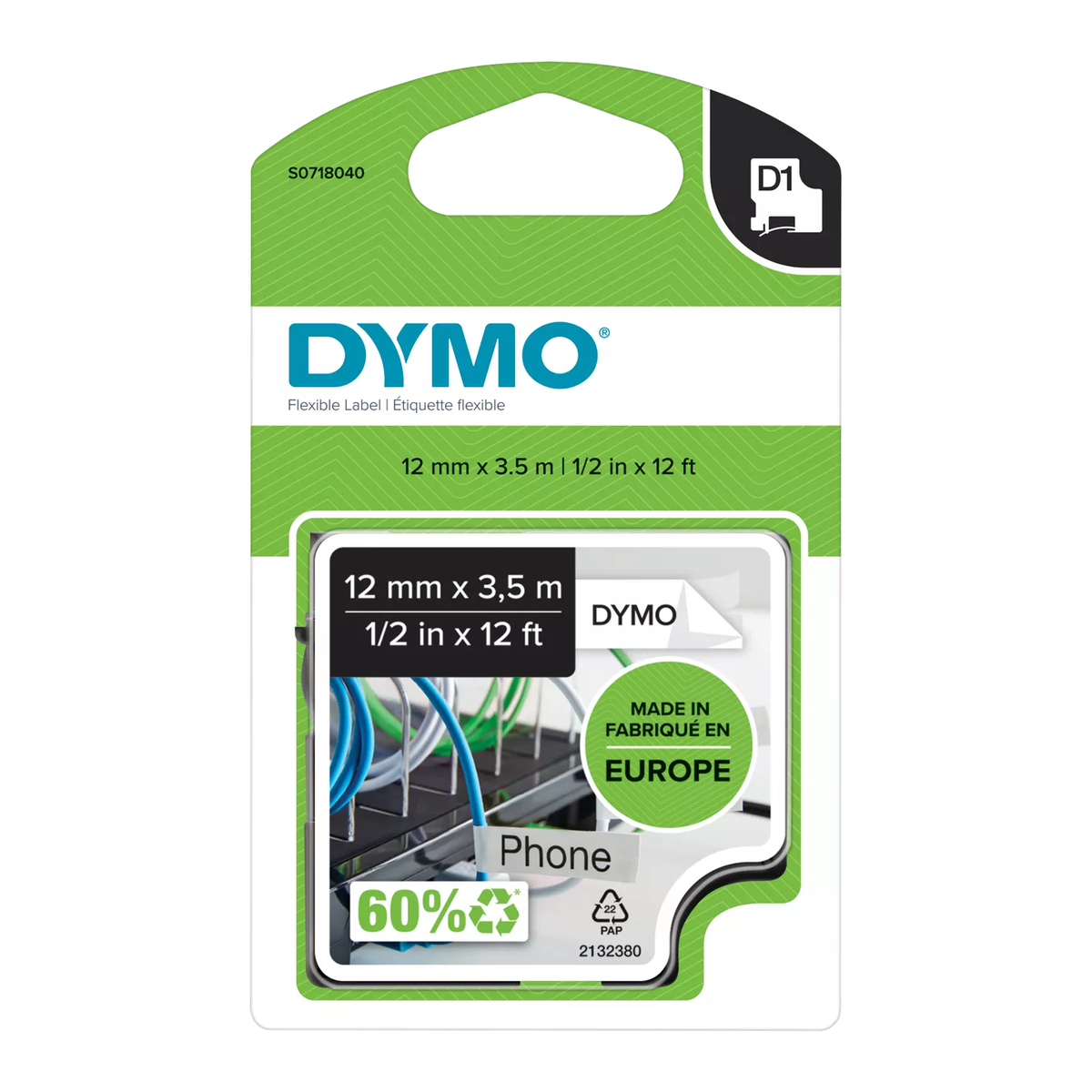 Dymo D1 flexible nylon tape, 12mmx3.5m, black/white