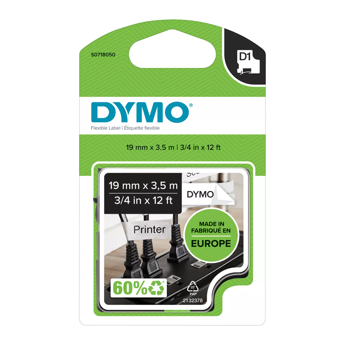 Dymo D1 flexible nylon tape, 19mmx3.5m, black/white