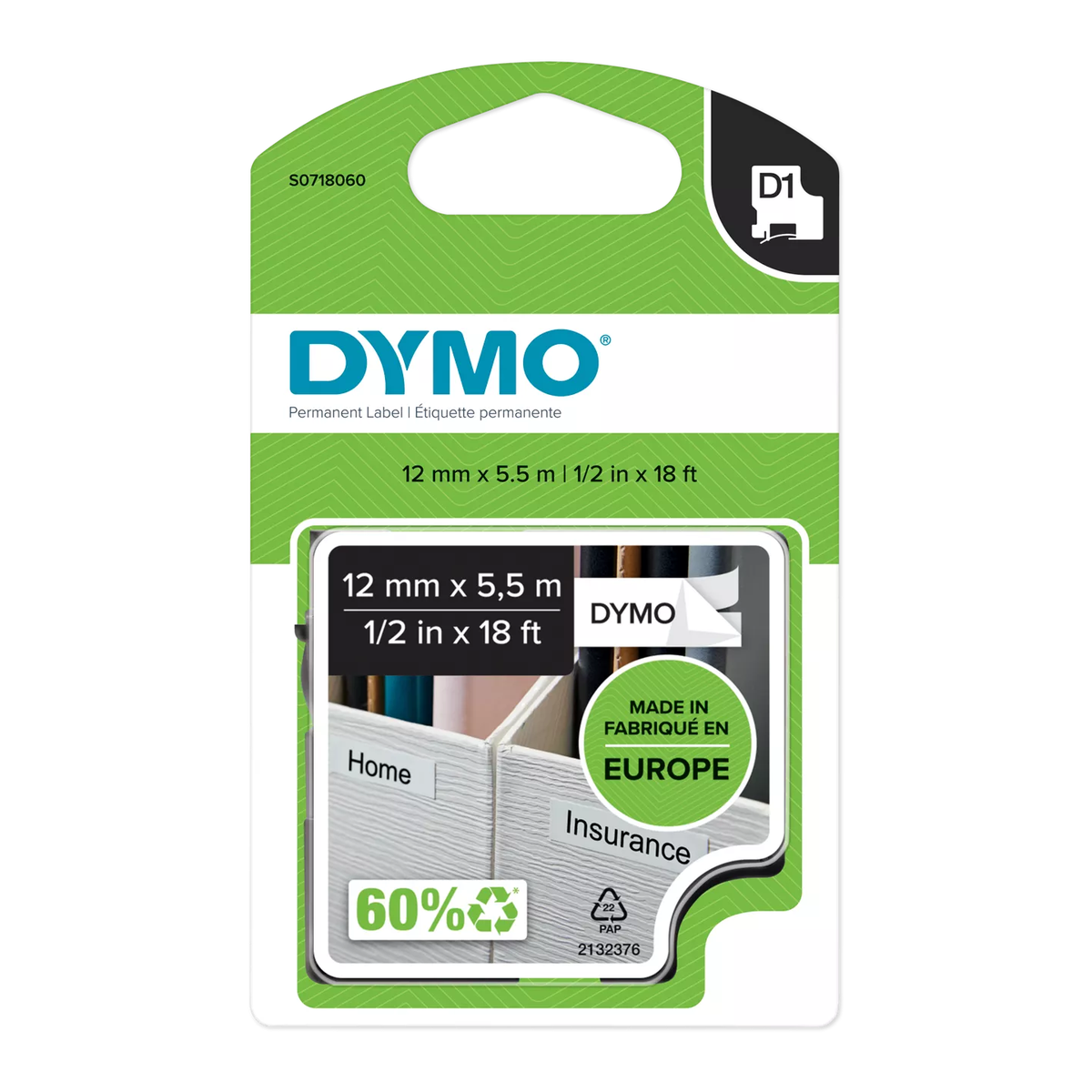 Dymo D1 permanent polyester tape, 12mmx5.5m, black/white