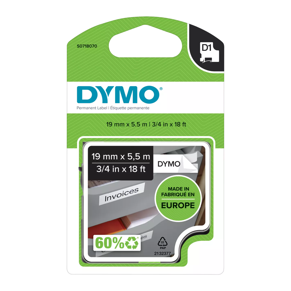 Dymo D1 permanent polyester tape, 19mmx5.5m, black/white
