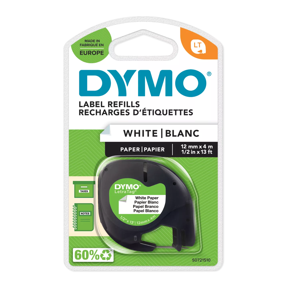 Dymo LETRATAG paper cassette, 12mmx4m, white