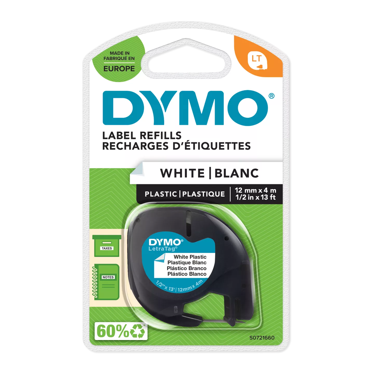 Dymo LETRATAG plastic cassette, 12mmx4m, white