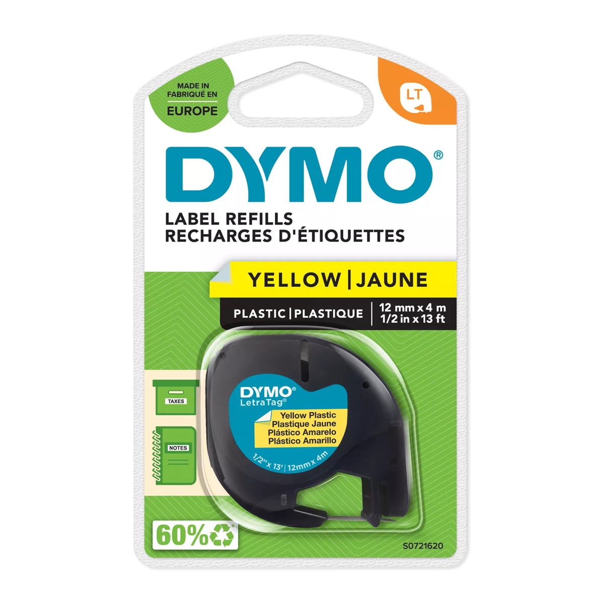 Dymo LETRATAG plastic cassette, 12mmx4m, yellow