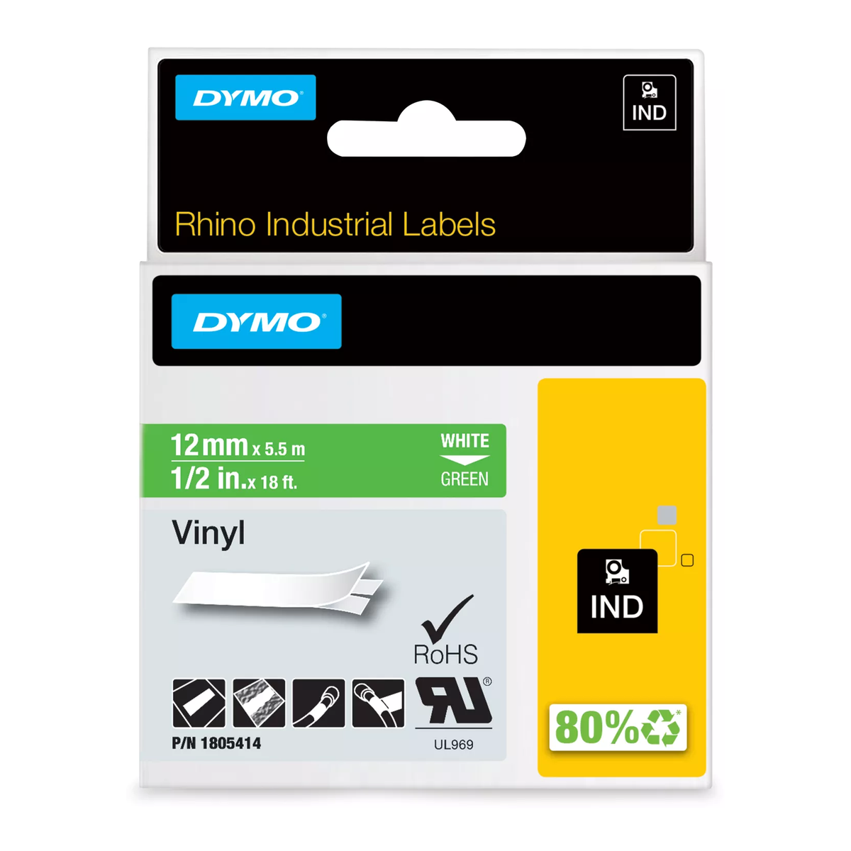 Dymo RHINO colored PVC 12 mm white/green