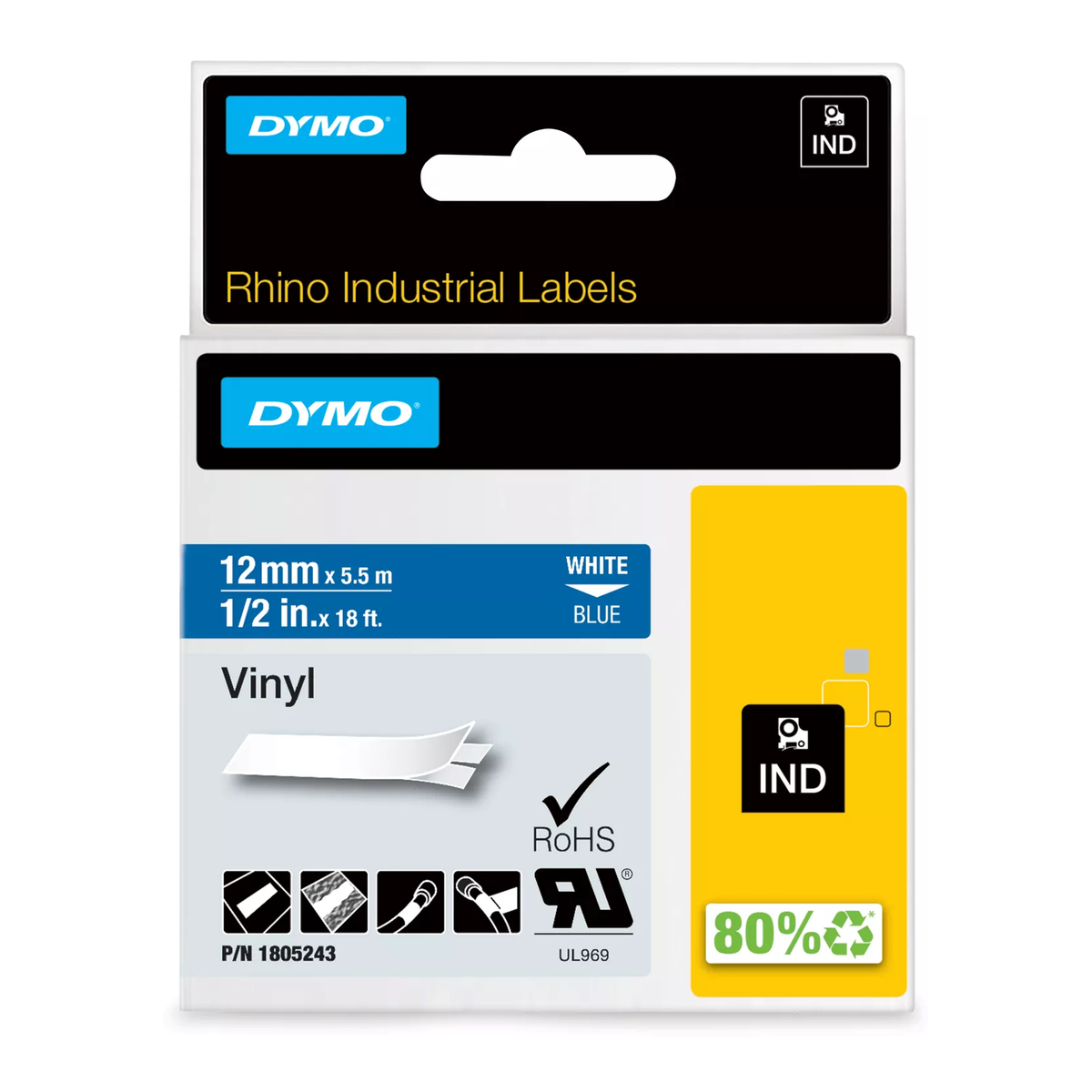 Dymo RHINO colored PVC 12mm white/blue