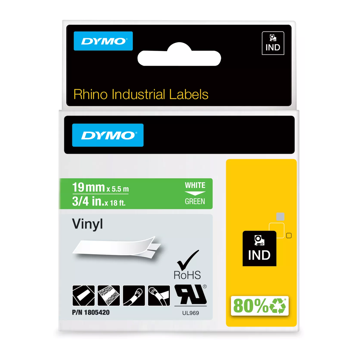Dymo RHINO colored PVC 19mm white/green