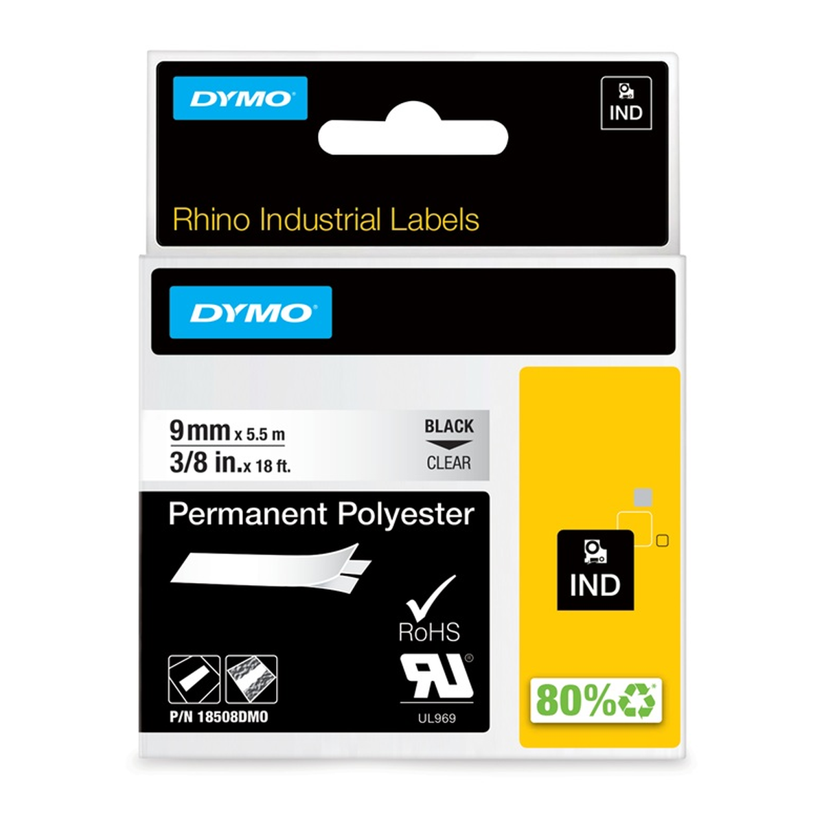 Dymo RHINO permanent polyester 9mm black/clear