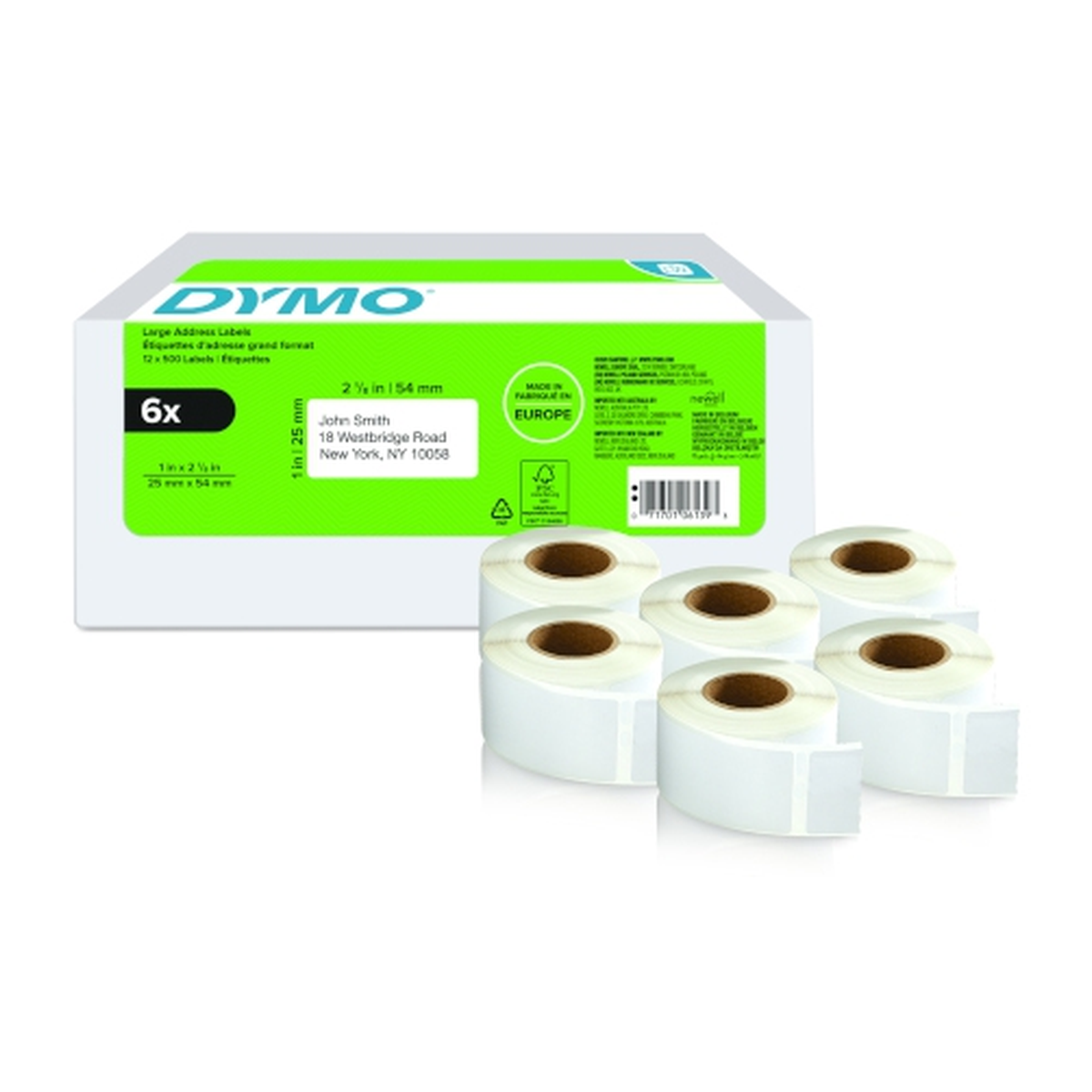 Dymo LW label, white, 54x25mm VALUE PACK 6 pcs