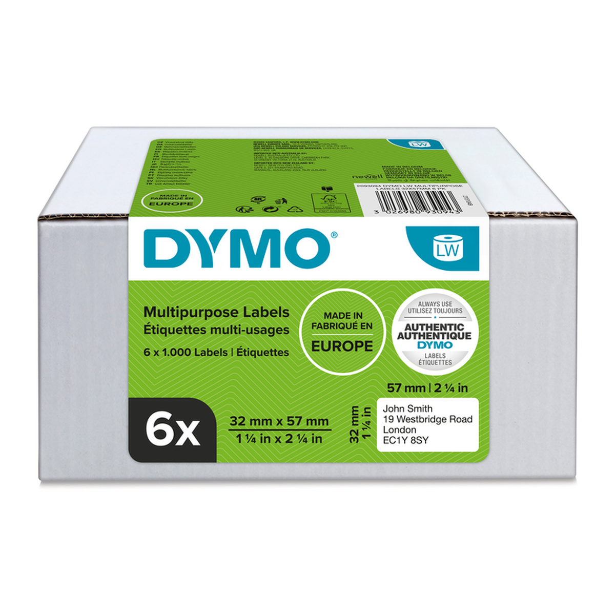 Dymo Multi-purpose LW label, white paper, 57x32mm, 1000 labels/roll Value pack 6 pcs