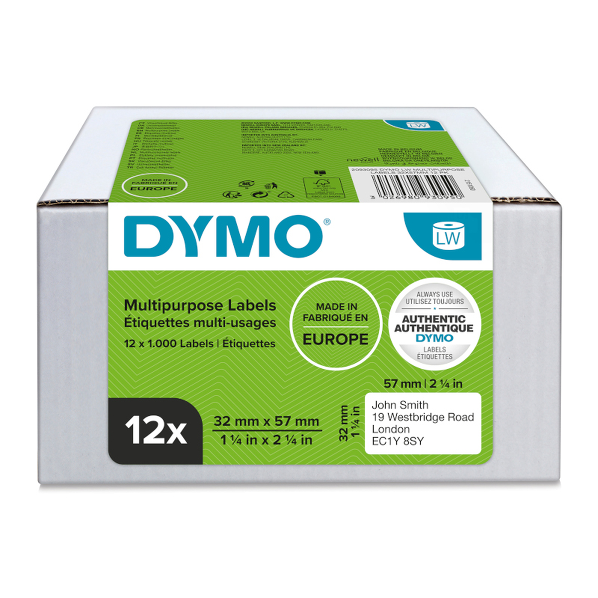 Dymo Multi-purpose LW label, white paper, 57x32mm, 1000 labels/roll Value pack 12 pcs