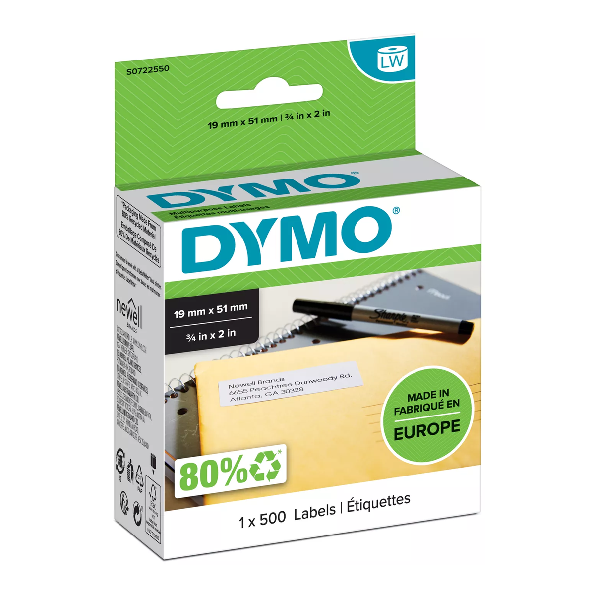 Dymo LW label, white, 51x19mm, 500 labels/roll