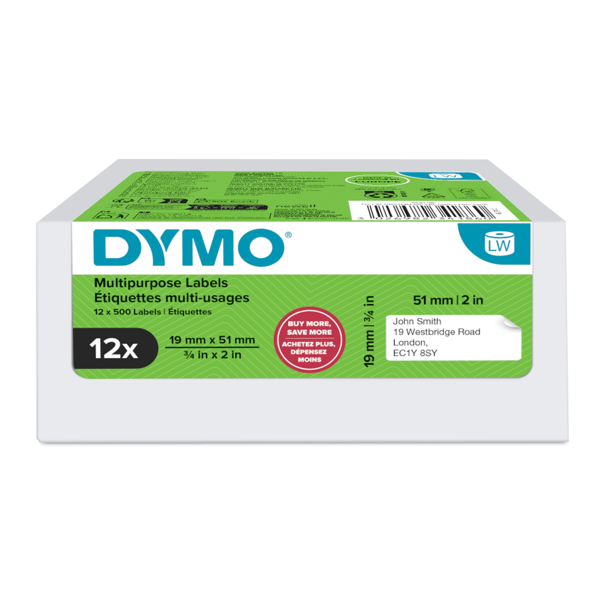 Dymo LW label, white, 51x19mm, 500 labels/roll Value pack 12 pcs