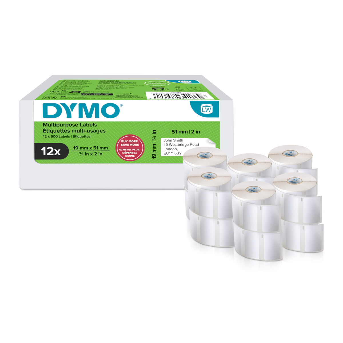 Dymo LW label, white, 51x19mm, 500 labels/roll Value pack 12 pcs