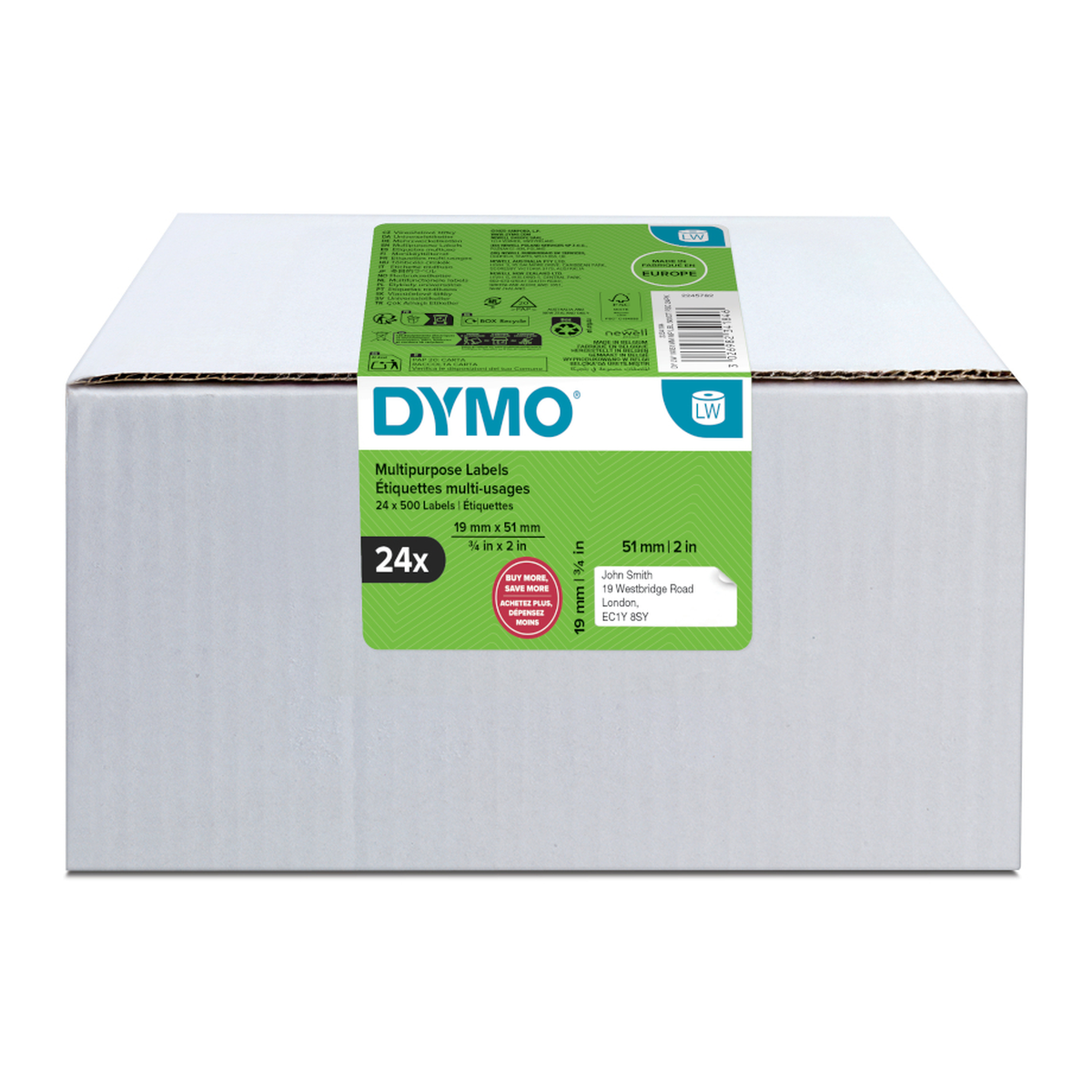 Dymo LW label, white, 51x19mm, 500 labels/roll value pack 24 pcs