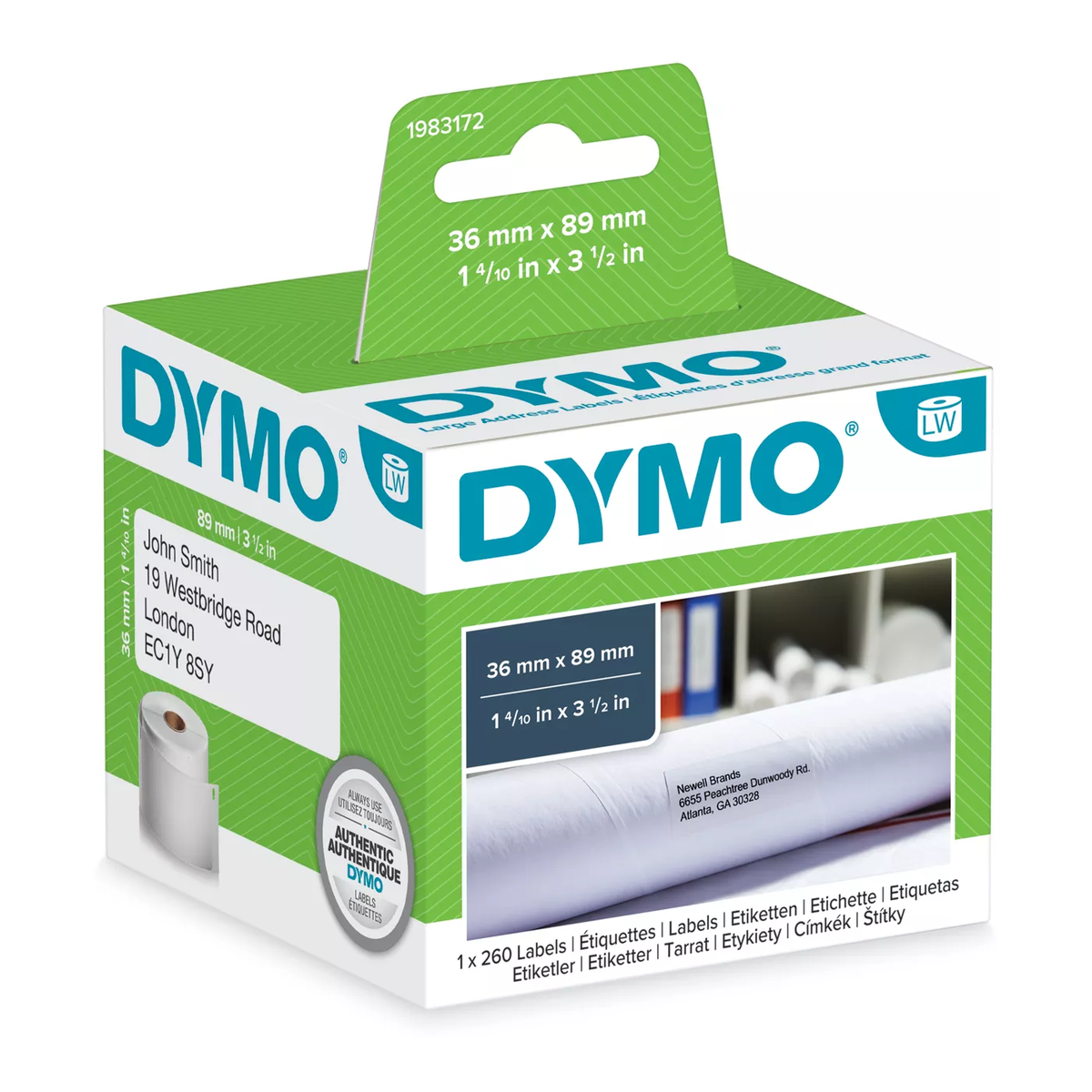 Dymo large LW address label, white paper, 89x36mm, 260 labels/roll
