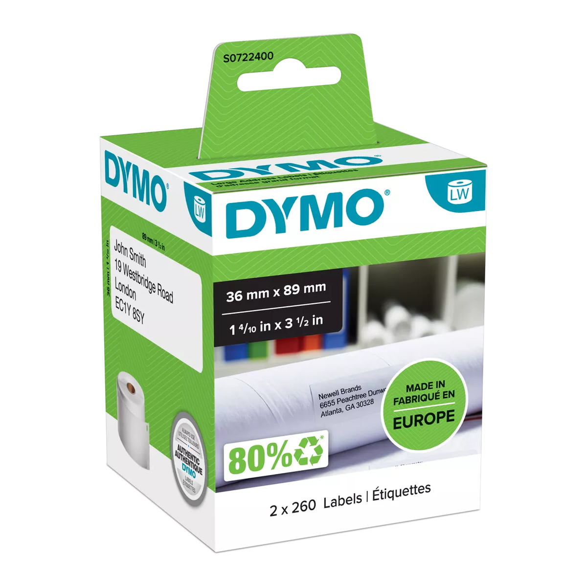 Dymo large LW address label, white paper, 89x36mm, 260 labels/roll