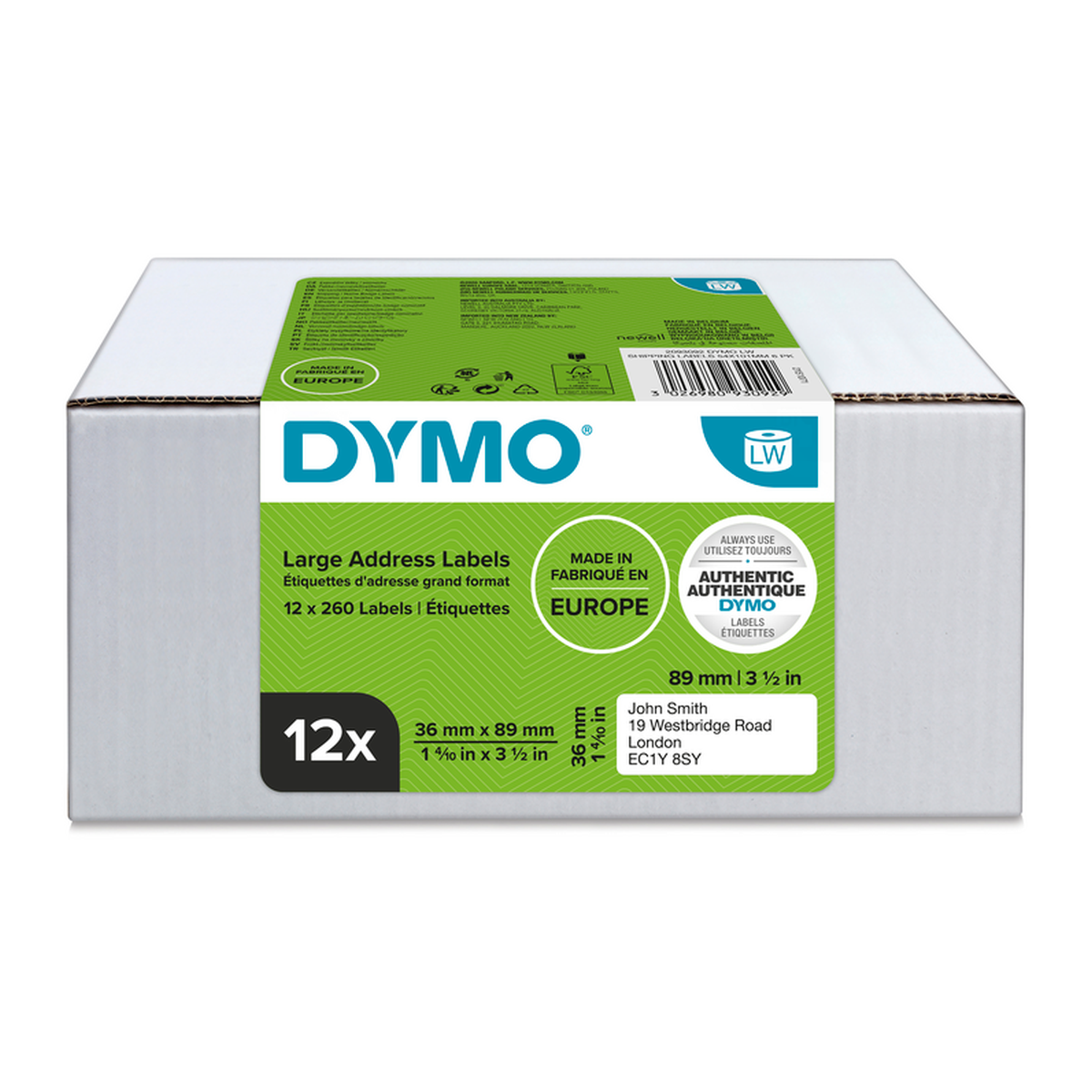 Dymo large LW address label, white paper, 89x36mm, 260 labels/roll Value pack 6 pcs/12 rolls