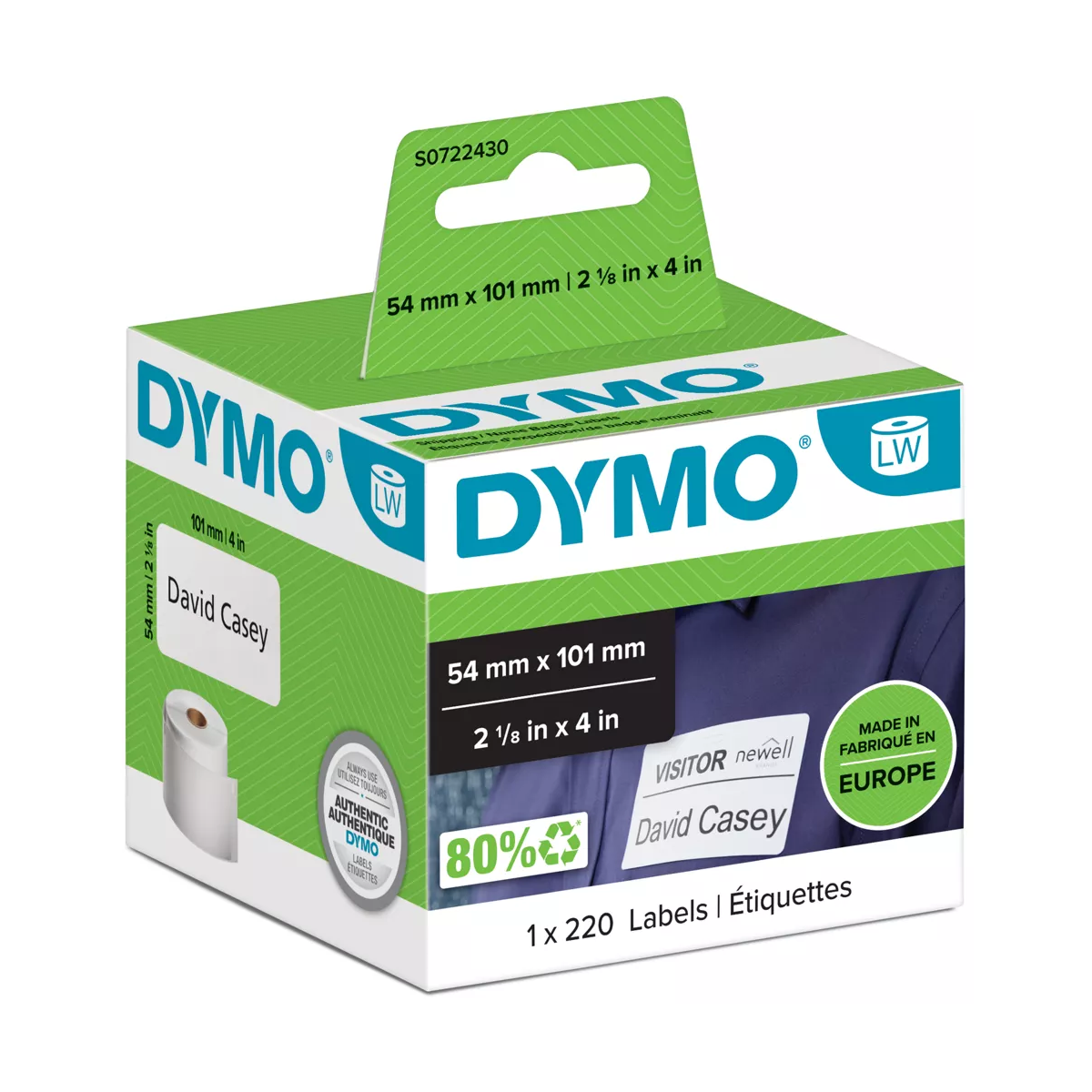 Dymo LW label, white paper, 101x54mm 220 labels/roll