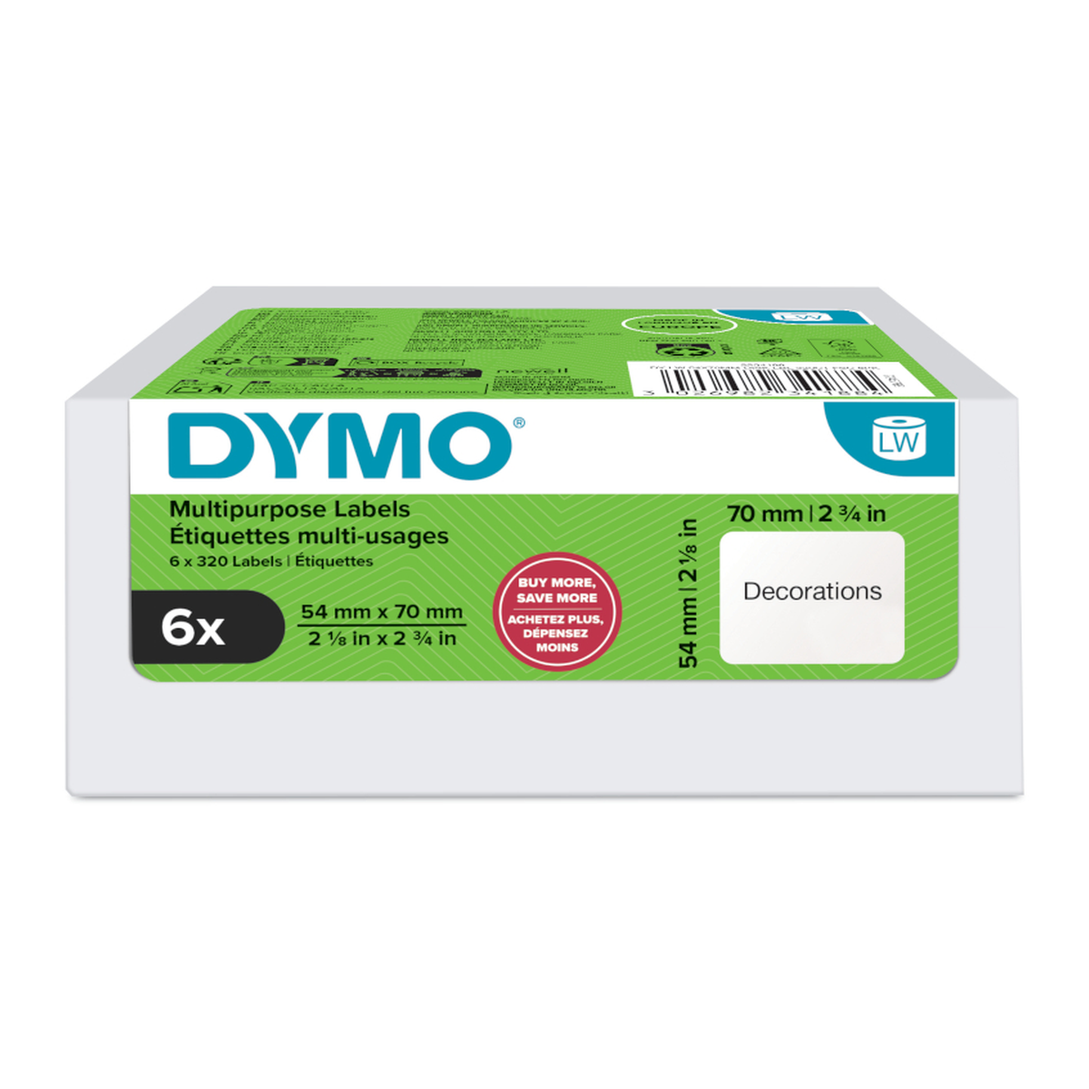 Dymo LW label for magnetic disks, white, 70x54mm 320 labels/roll Value pack 6 pcs
