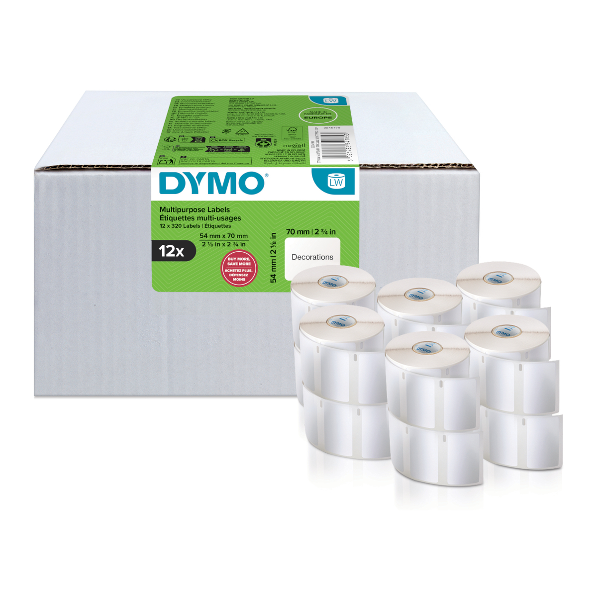 Dymo LW label for magnetic disks, white, 70x54mm 320 labels/roll Value pack 12 pcs