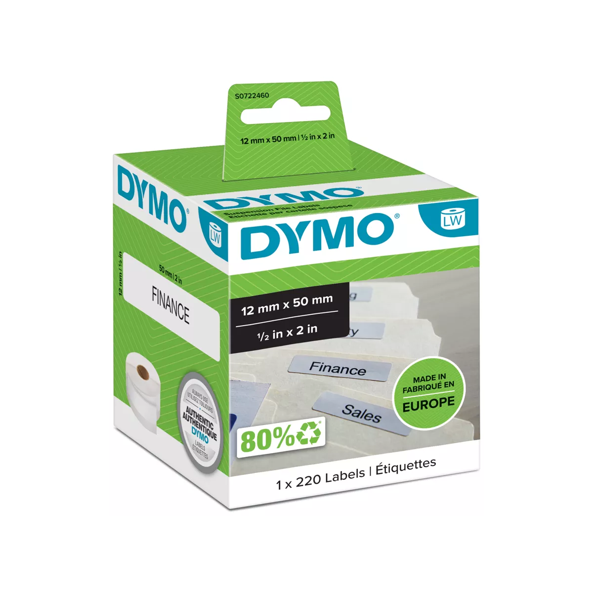 Dymo LW label for hanging file folders, white, 50x12mm, 220 labels/roll