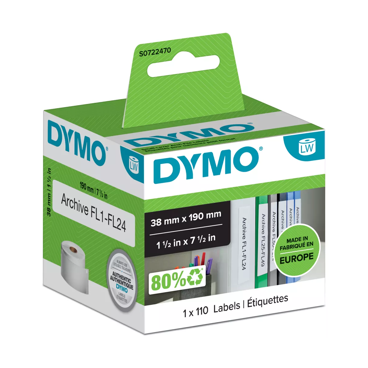 Dymo LW label for binders, white, 190x38mm, 110 labels/roll
