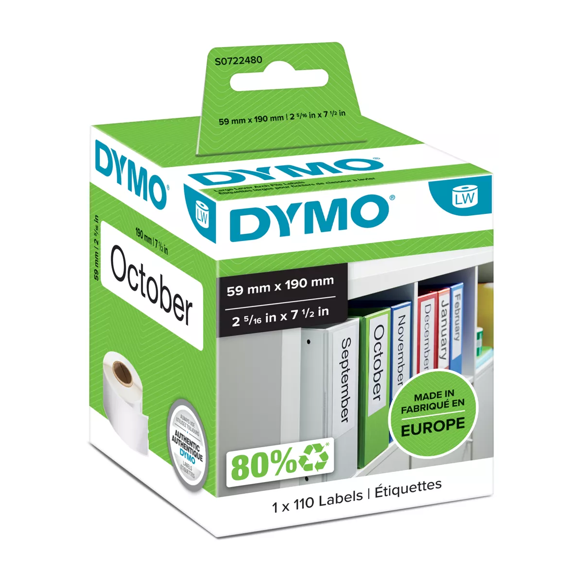 Dymo LW label for binders, white, 190x59mm, 110 labels/roll