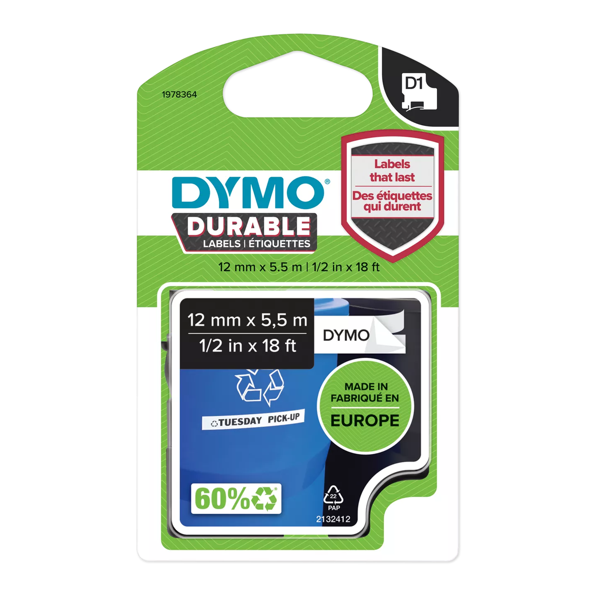 DYMO durable D1 tape (12 mm x 5.5 M), black on white