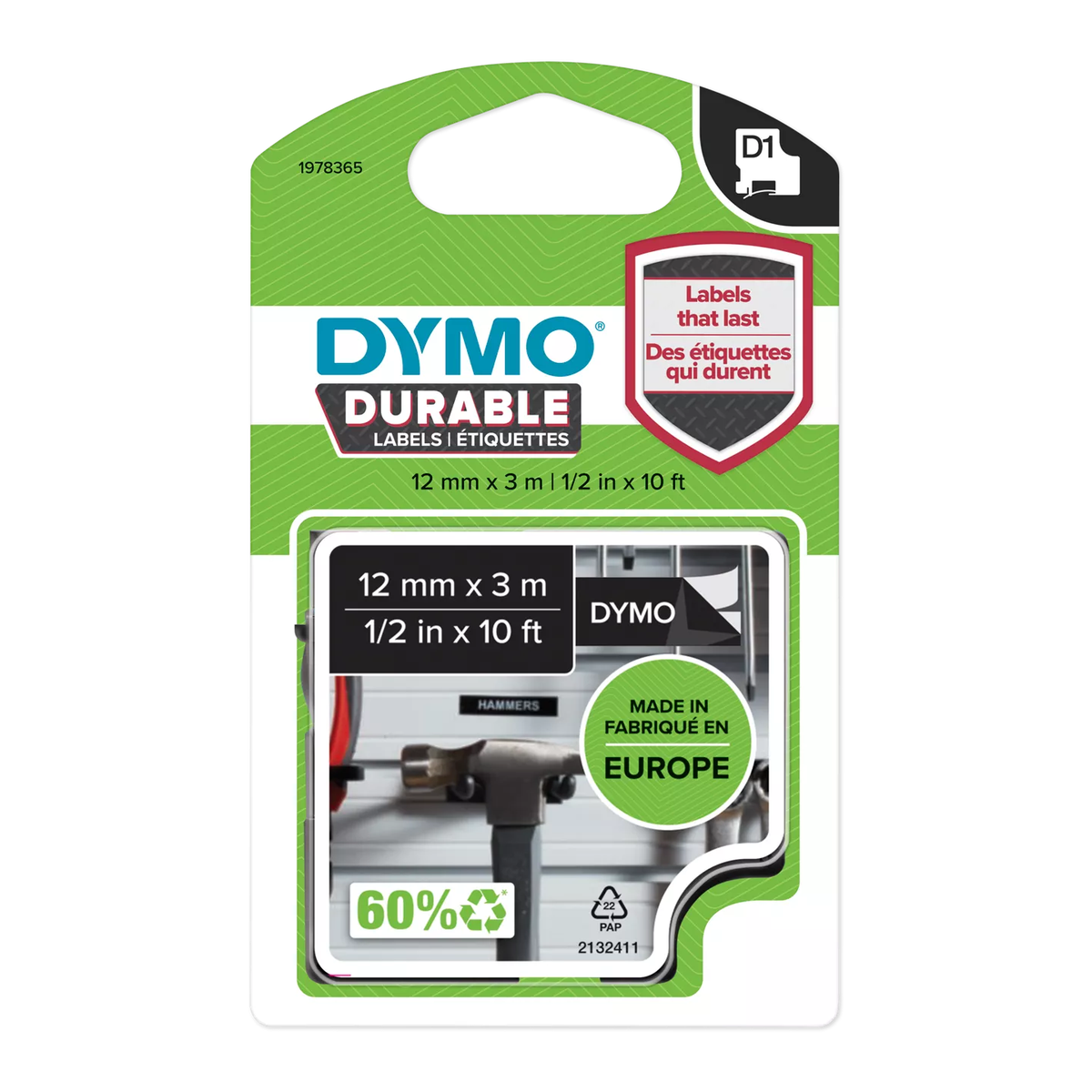 DYMO durable D1 tape (12 mm x 3 M), white on black