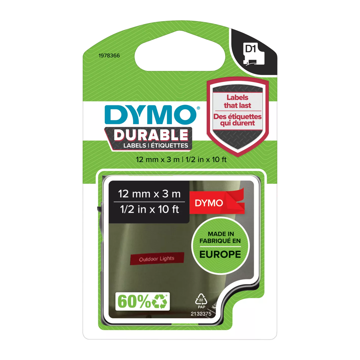 DYMO durable D1 tape (12 mm x 3 M), white on red