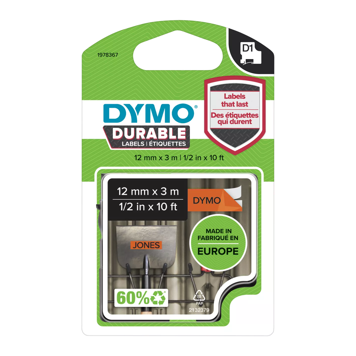 DYMO durable D1 tape (12 mm x 3 M), black on orange