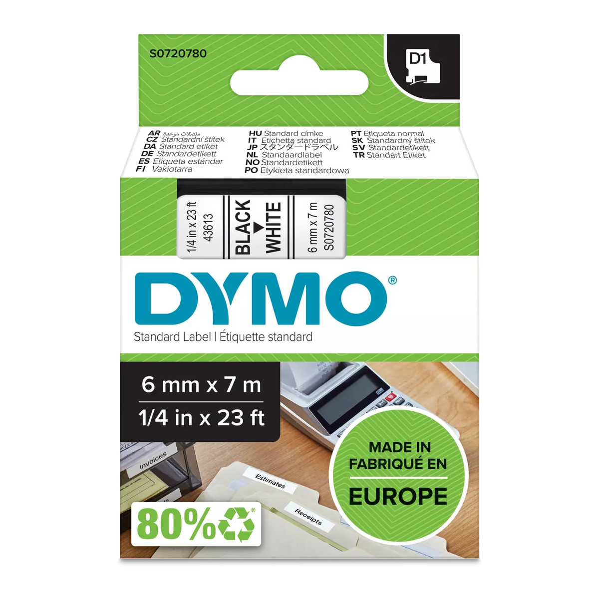 Dymo D1 cassette, 6mmx7m, black/white