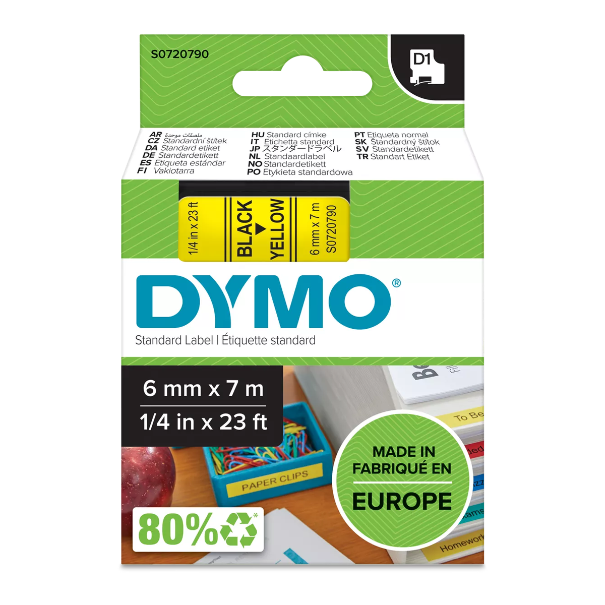 Dymo D1 cassette, 6mmx7m, black/yellow