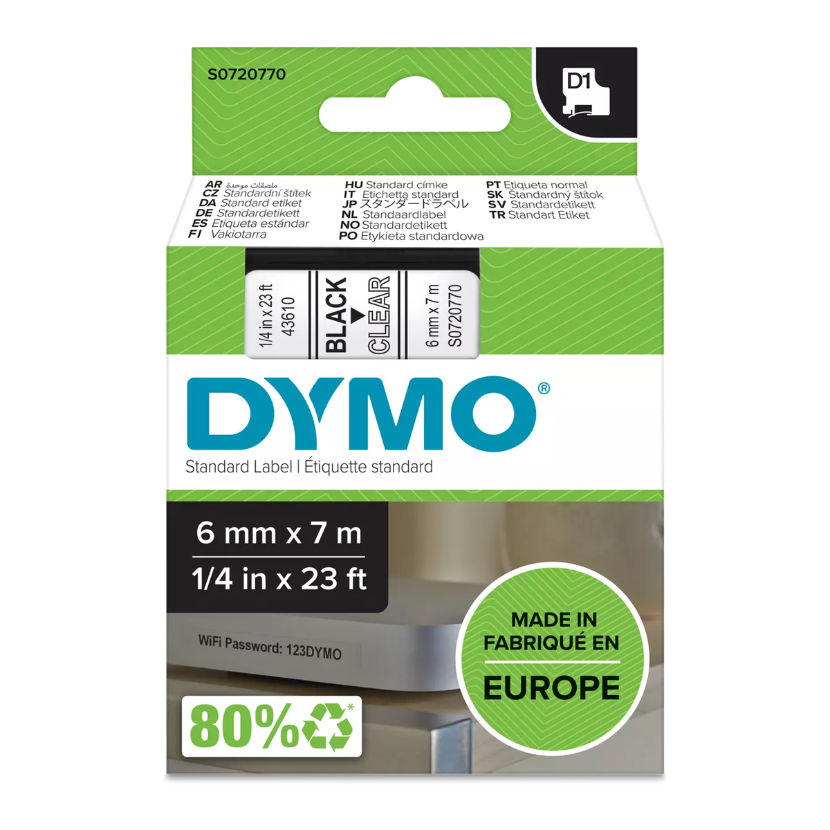 Dymo D1 cassette, 6mmx7m, black/clear