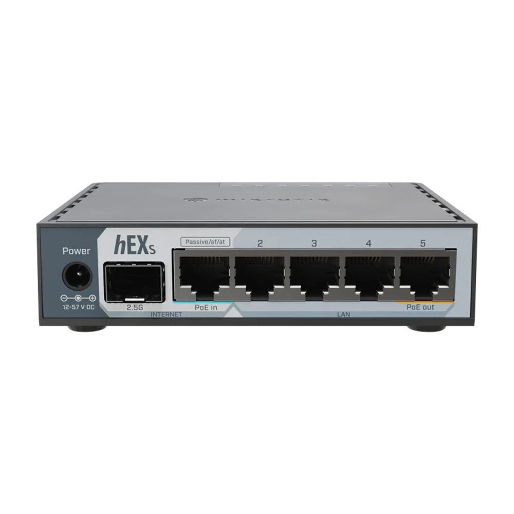 MikroTik hEX S (2025) E60iUGS A compact. affordable wired router featuring a 2.5G SFP port. 5x Gigabit Ethernet. PoE out. USB. and a fast dual-core CPU