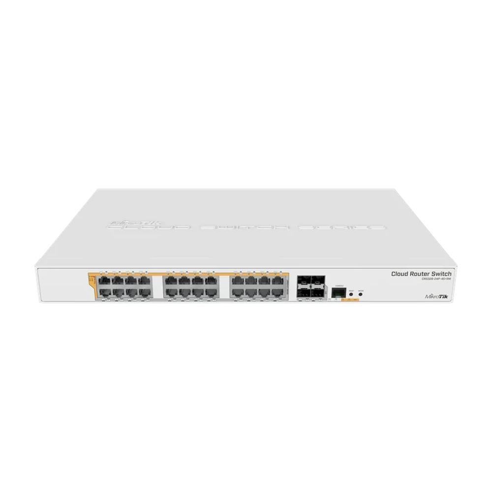 Mikrotik CRS328-24P-4S+RM 24 port Gigabit Ethernet router/switch with four 10Gbps SFP+ ports in 1U rackmount case. Dual Boot and PoE output. 500W